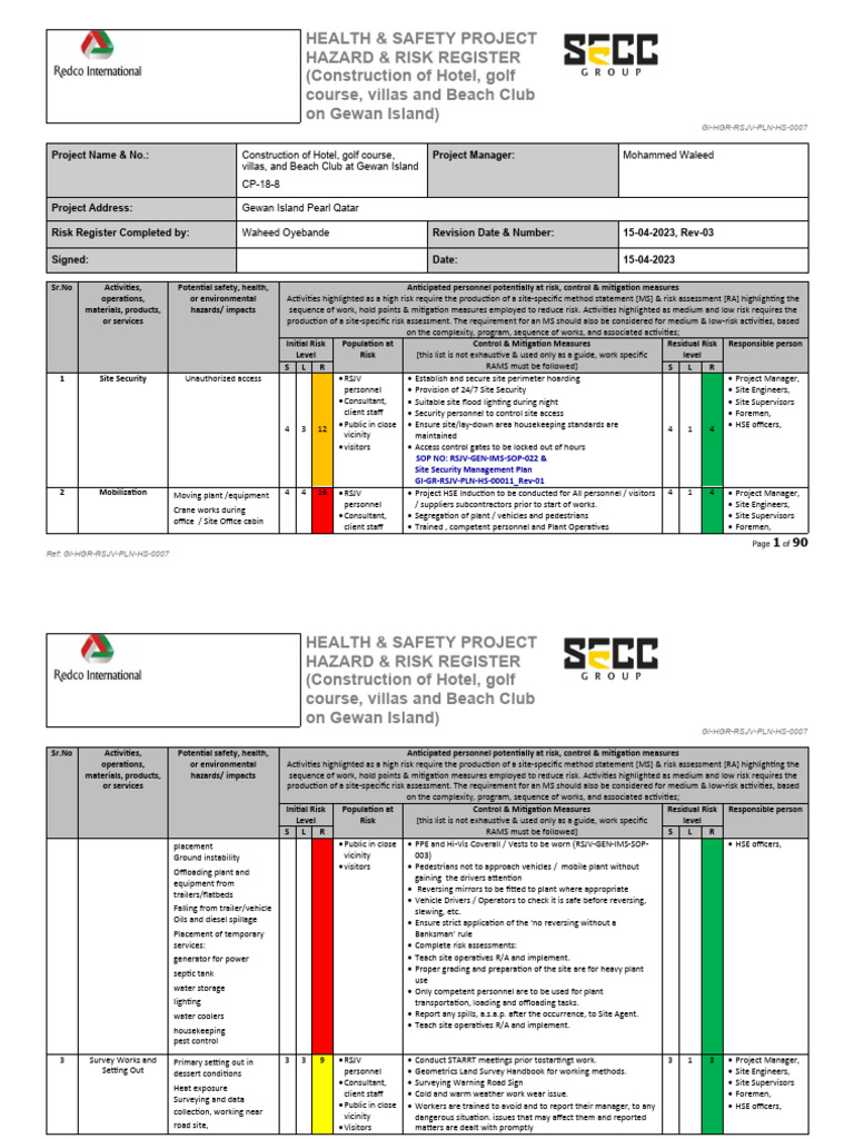 Gewan Island Construction Risk Register | PDF | Risk | Risk Assessment