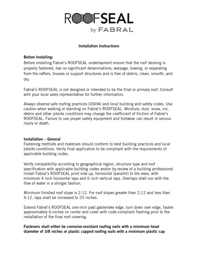 Roofseal Installation Details Instructions | PDF | Roof | Building ...