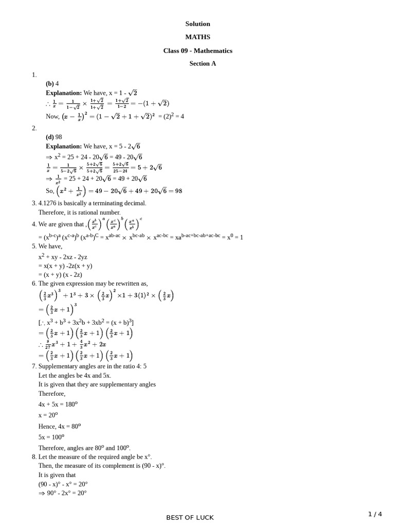 Maths Class 9 Solution Pdf Numerical Analysis Mathematical Objects