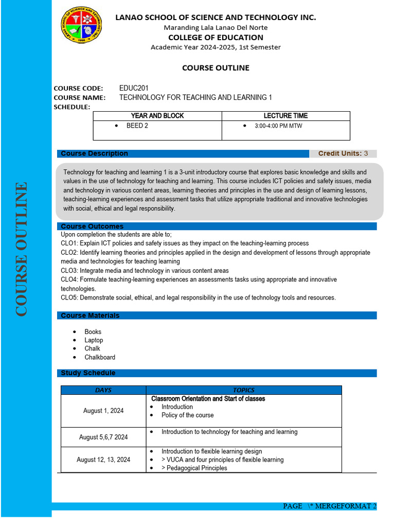 Technology for Teaching Course Outline | PDF | Educational Technology ...