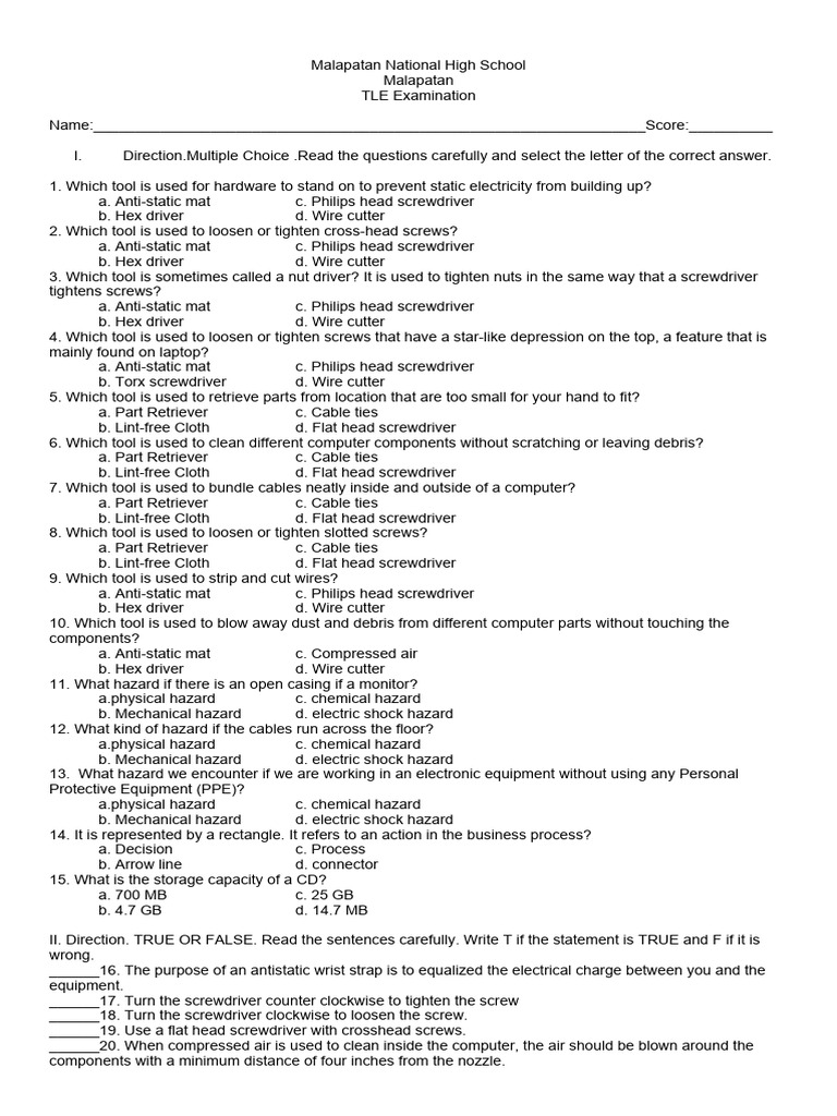 TLE Exam: Tools and Safety Hazards | PDF | Usb Flash Drive | Flash Memory