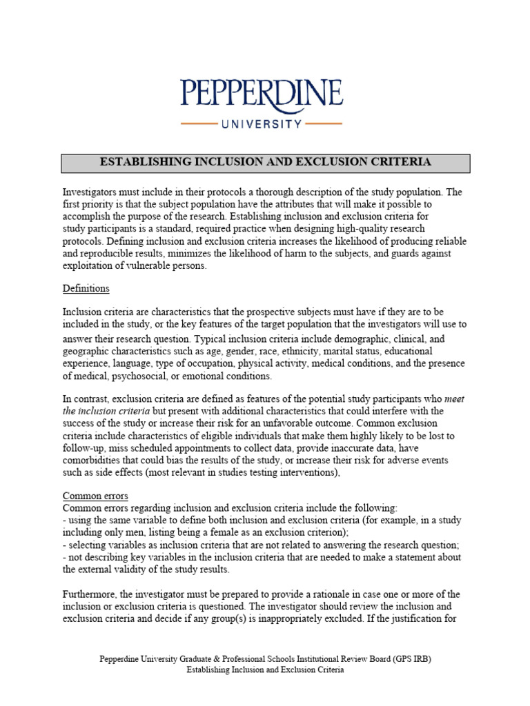 Inclusion and Exclusion Criteria Guide | PDF | Psychotherapy | Risk