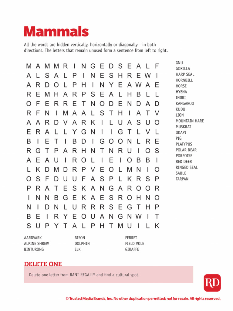 Mammals Wordsearch | PDF