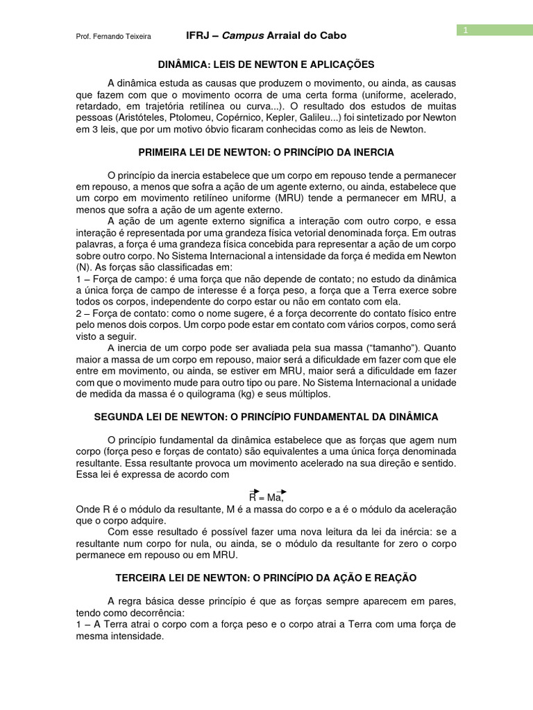 TEXTO 1 - LEIS DE NEWTON E APLICAÇÕES | PDF | Leis do Movimento de ...