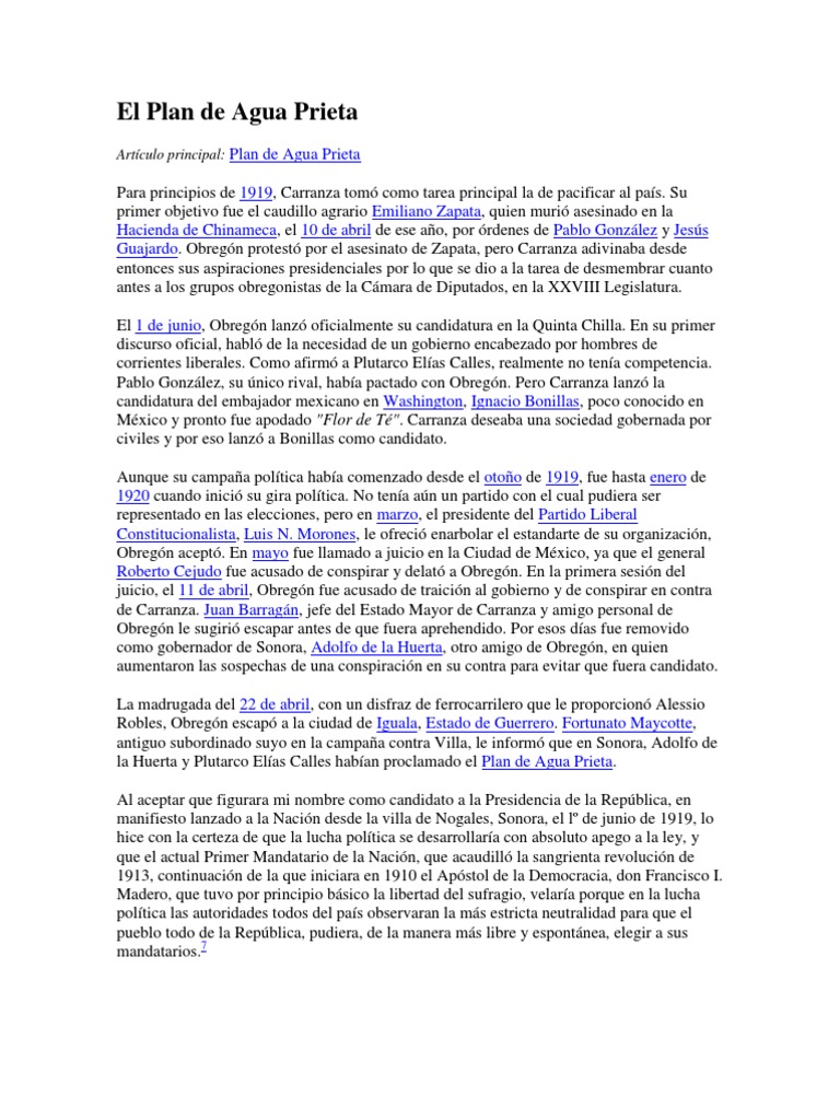 El Plan de Agua Prieta Mexico Politics