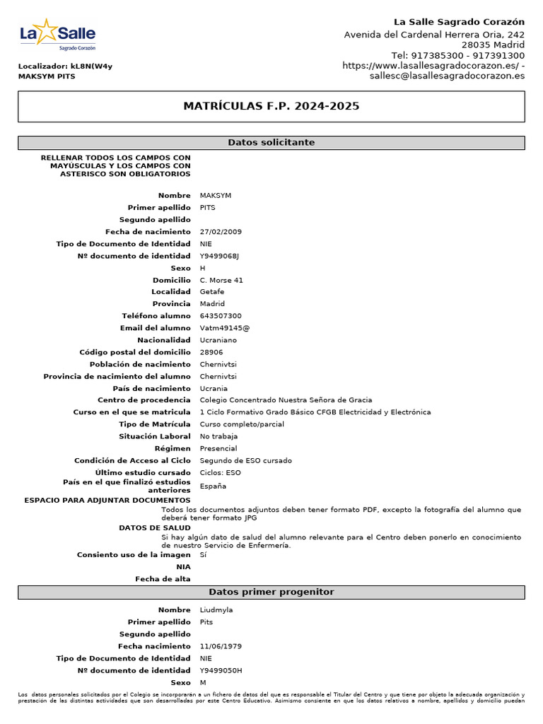 Matrículas F.P. 2024-2025 La Salle | PDF | Documento de identidad