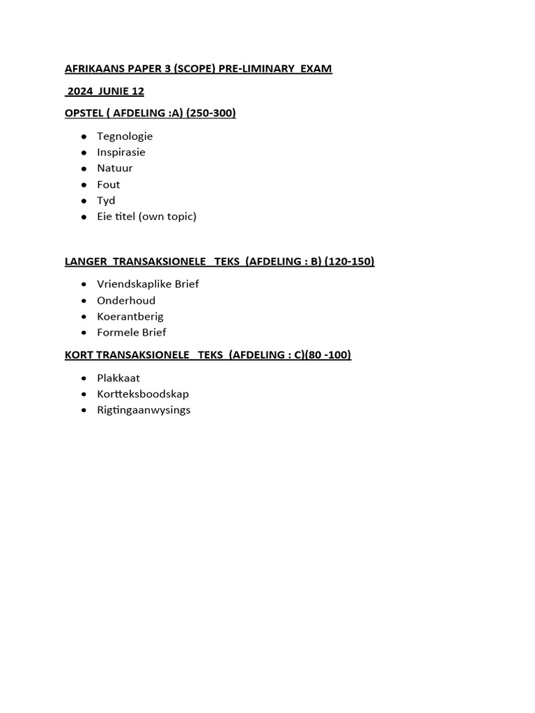 Afrikaans Paper 3 Scope 2024 | PDF