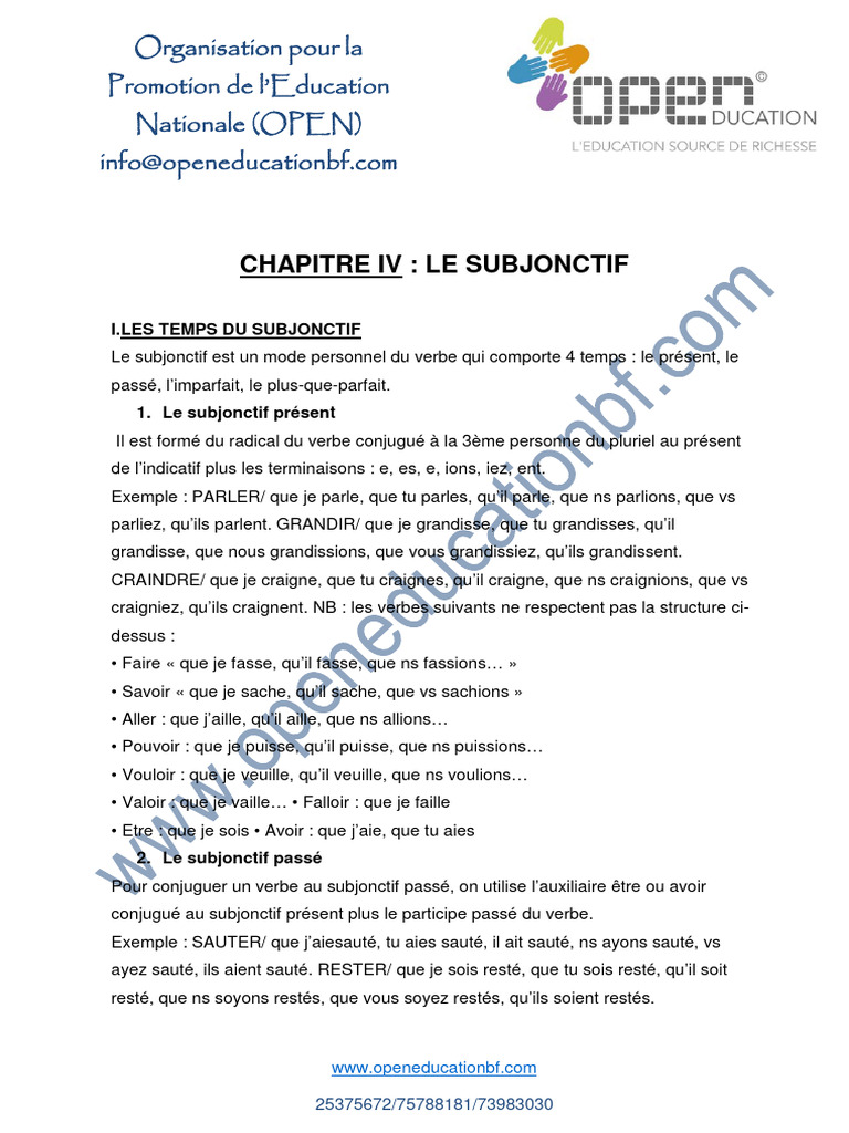 Conjugaison du subjonctif présent | PDF | Verbe | Relations syntaxiques