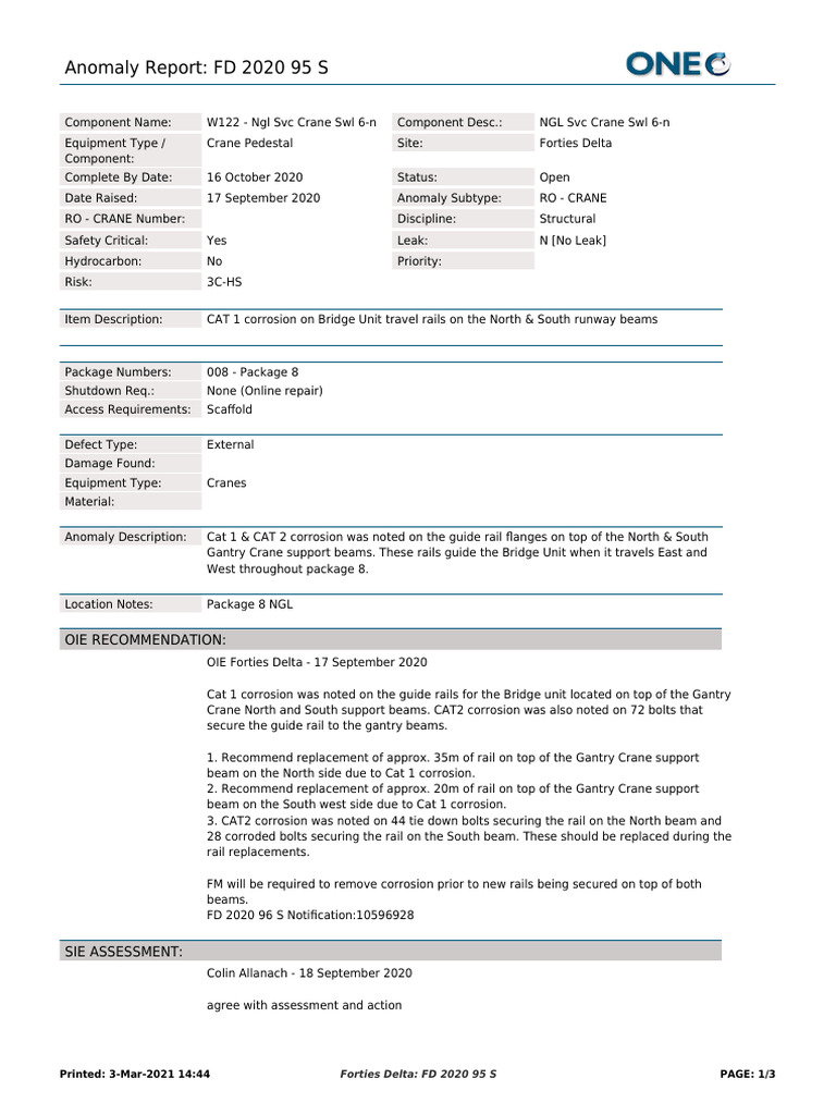NGL Anomaly Report 1 SEP 2020 | PDF | Construction Equipment