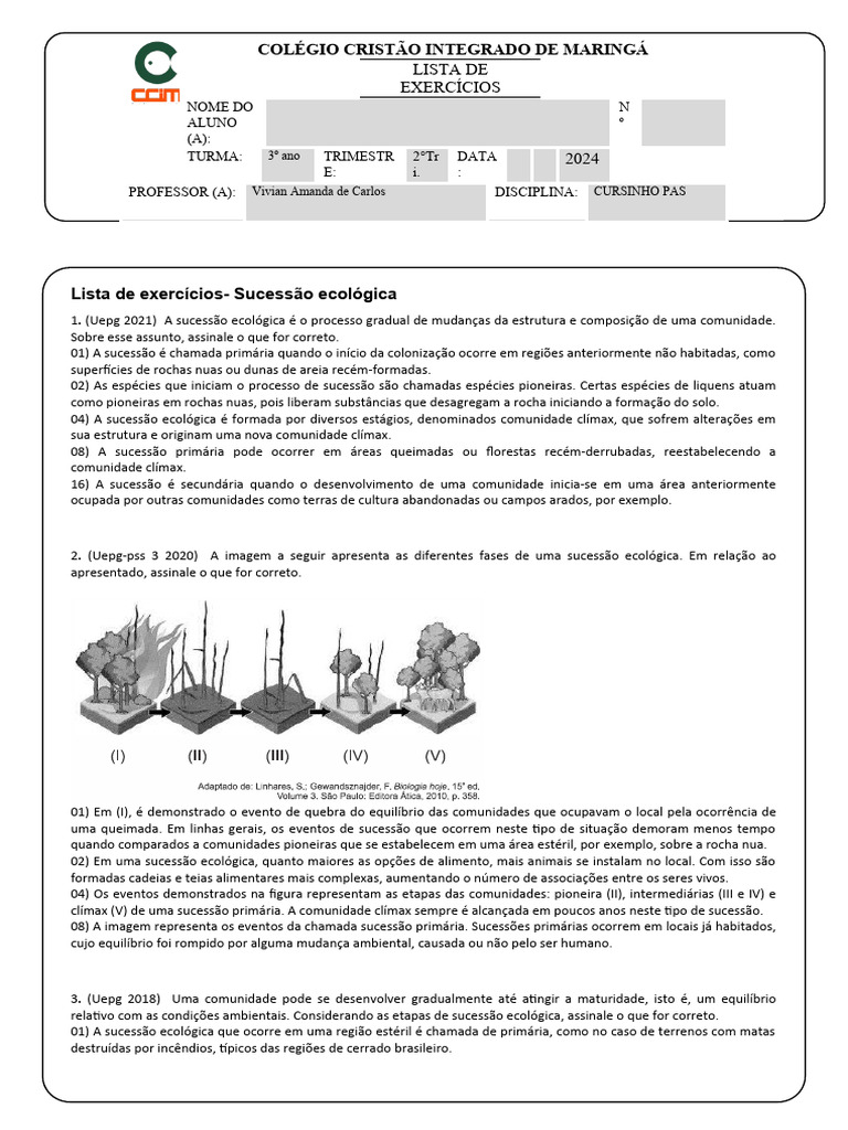 Exercícios sobre Sucessão Ecológica | PDF | Ecologia | Ecossistema