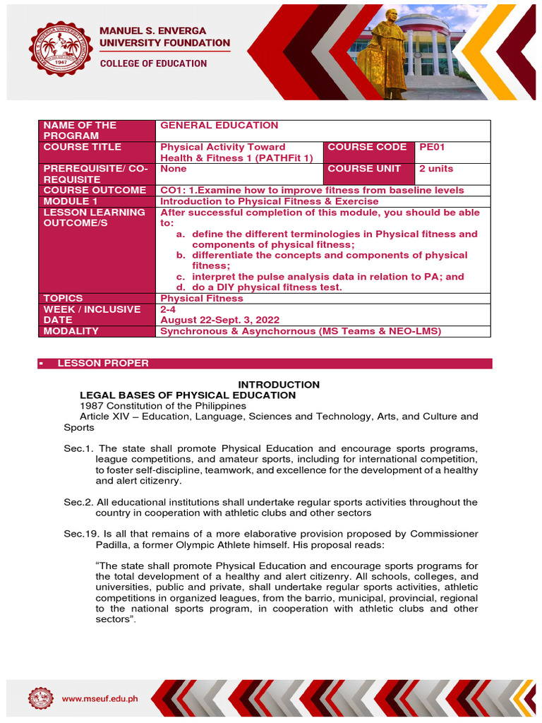 Module 1 Pathfit 1 Pdf Heart Rate Physical Fitness