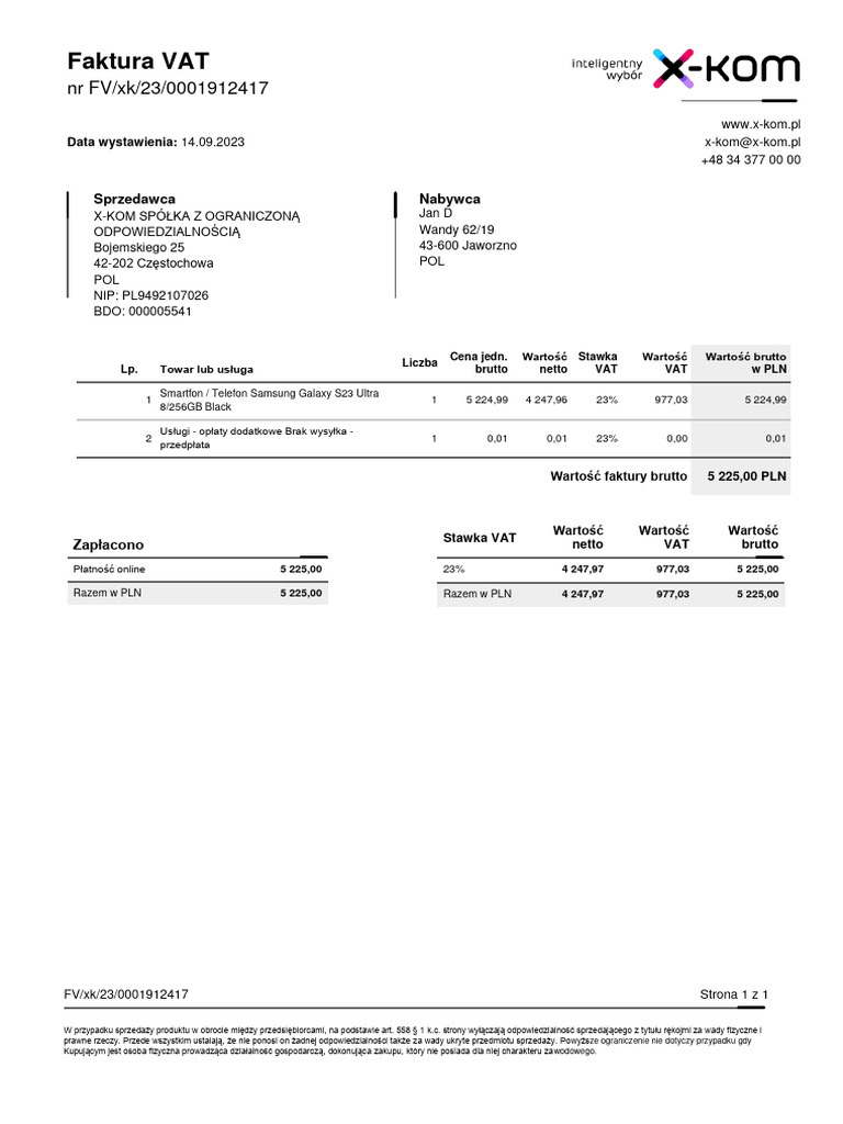 Faktura VAT: NR FV/xk/23/0001912417 | PDF