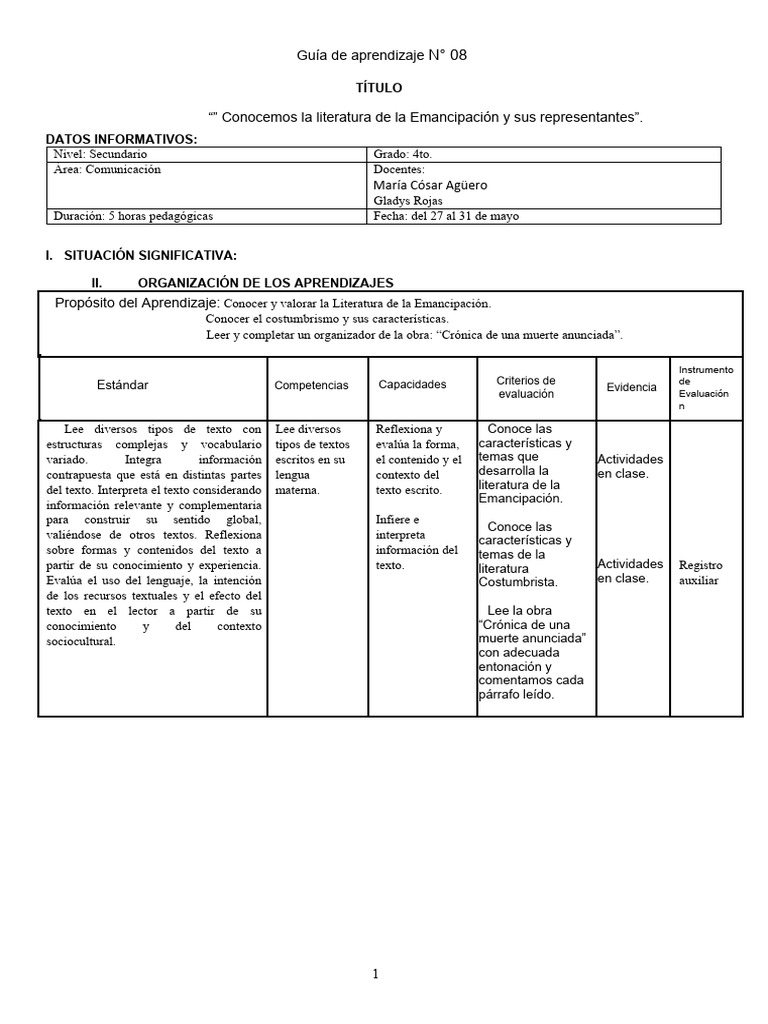 08 Guia de Aprendizaje CUARTO ANO | PDF | Perú