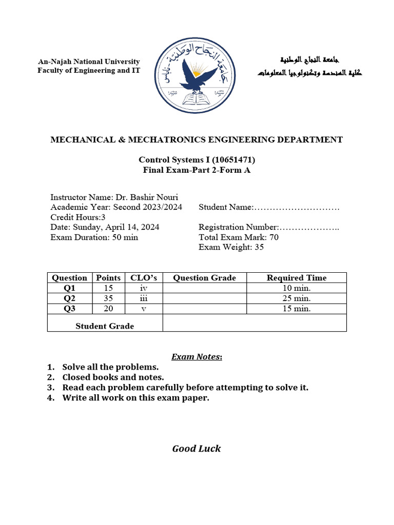 Control Final Exam - Part - 2A | PDF | Electronic Engineering | Electronics