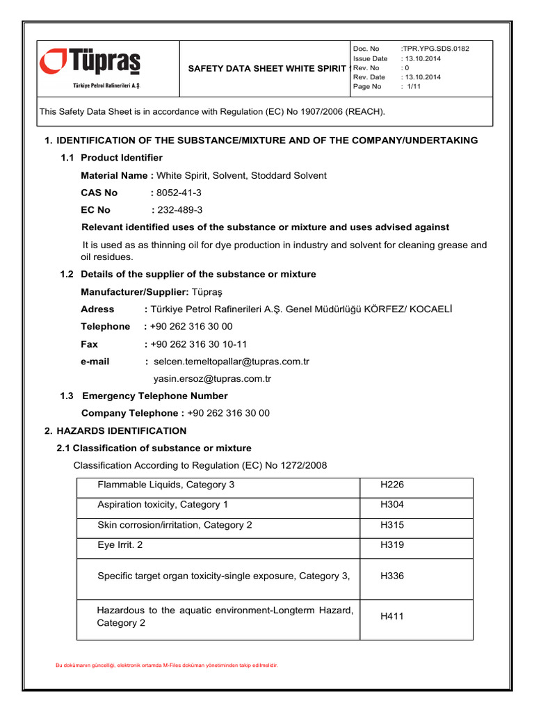 White Spirit Safety Data Sheet | PDF | Toxicity | Dangerous Goods