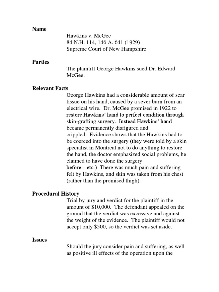 Hawkins v Mcgee Damages Public Law