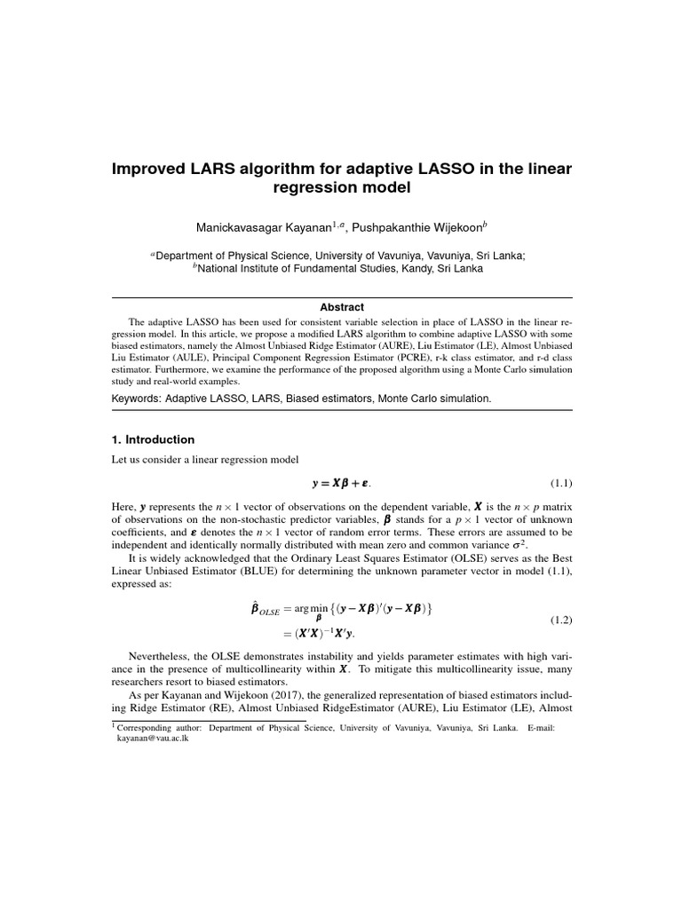 Enhanced Adaptive LARS Algorithm for LASSO | PDF | Linear Regression ...