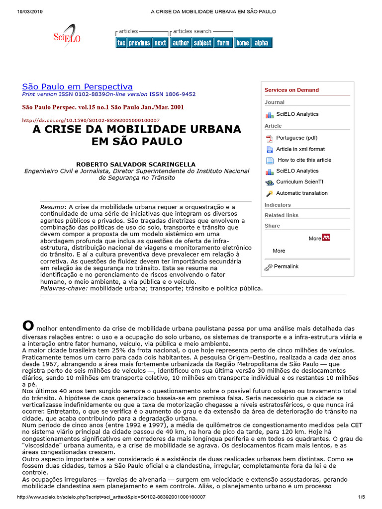 Crise da Mobilidade Urbana em São Paulo | PDF | Tráfego | Metropolitano