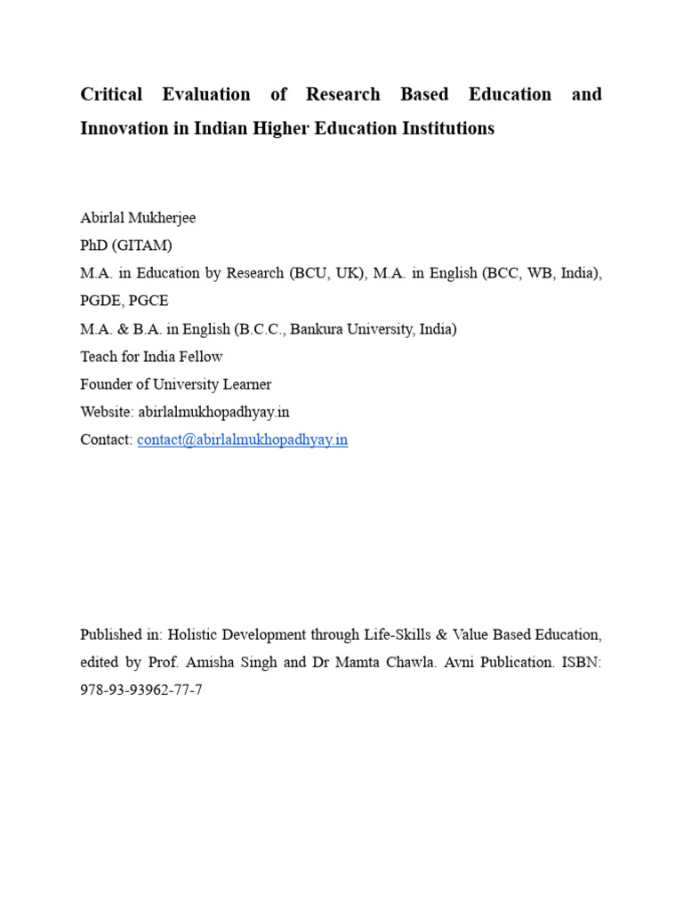 Critical Evaluation of Research Based Education and Innovation in