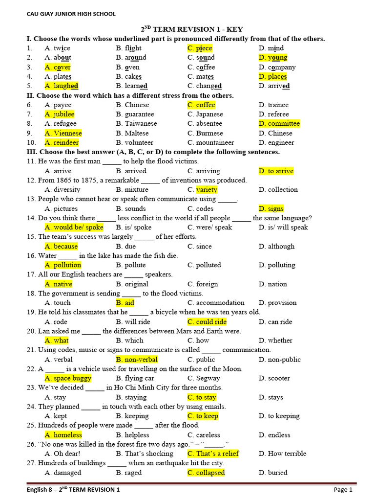 2nd Term Revision Key for English 8 | PDF | Language Arts & Discipline