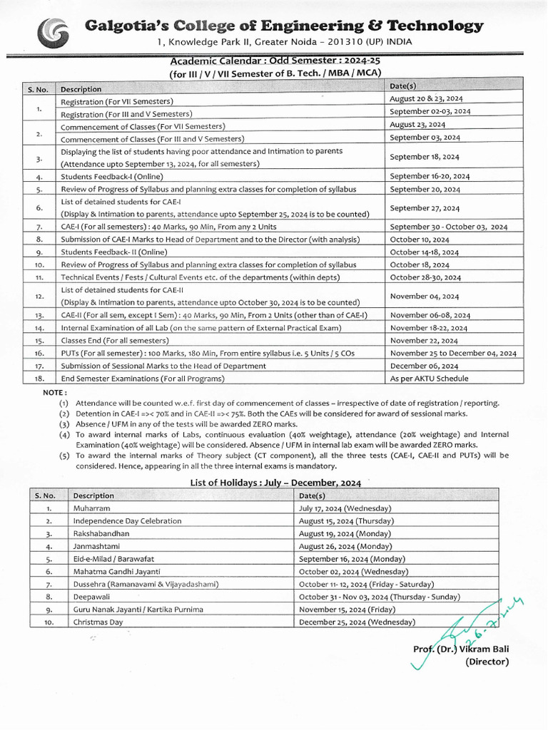 Academic Calender Odd Semester (2024-25) | PDF