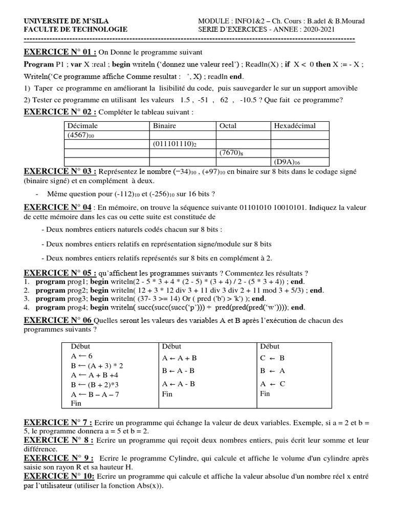 Exercices de Programmation en Pascal | PDF | Mathématiques