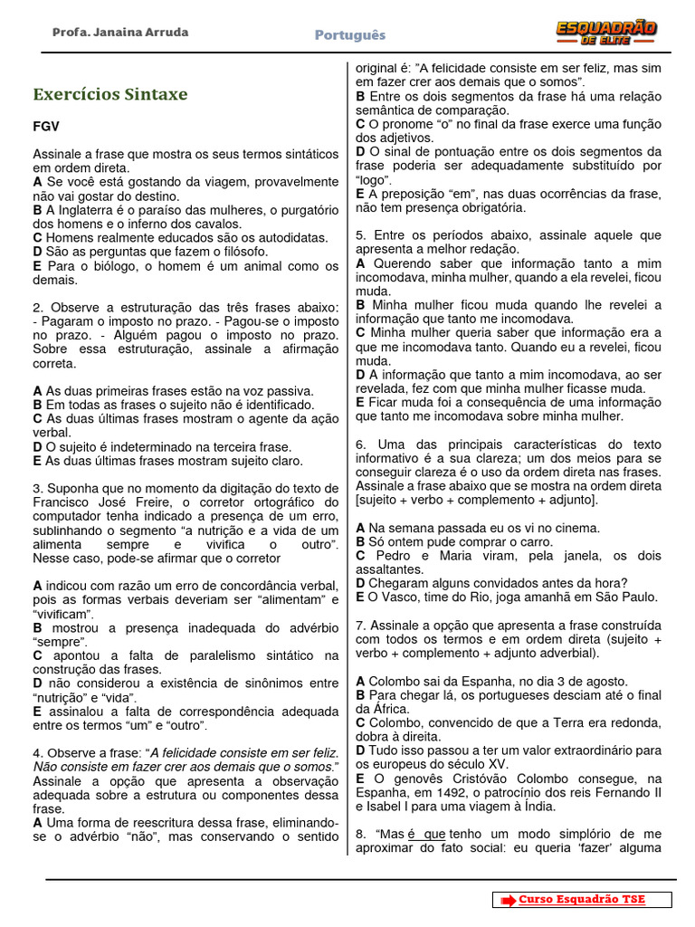 Exercícios de Sintaxe e Estruturas Frasais | PDF | Assunto (gramática ...