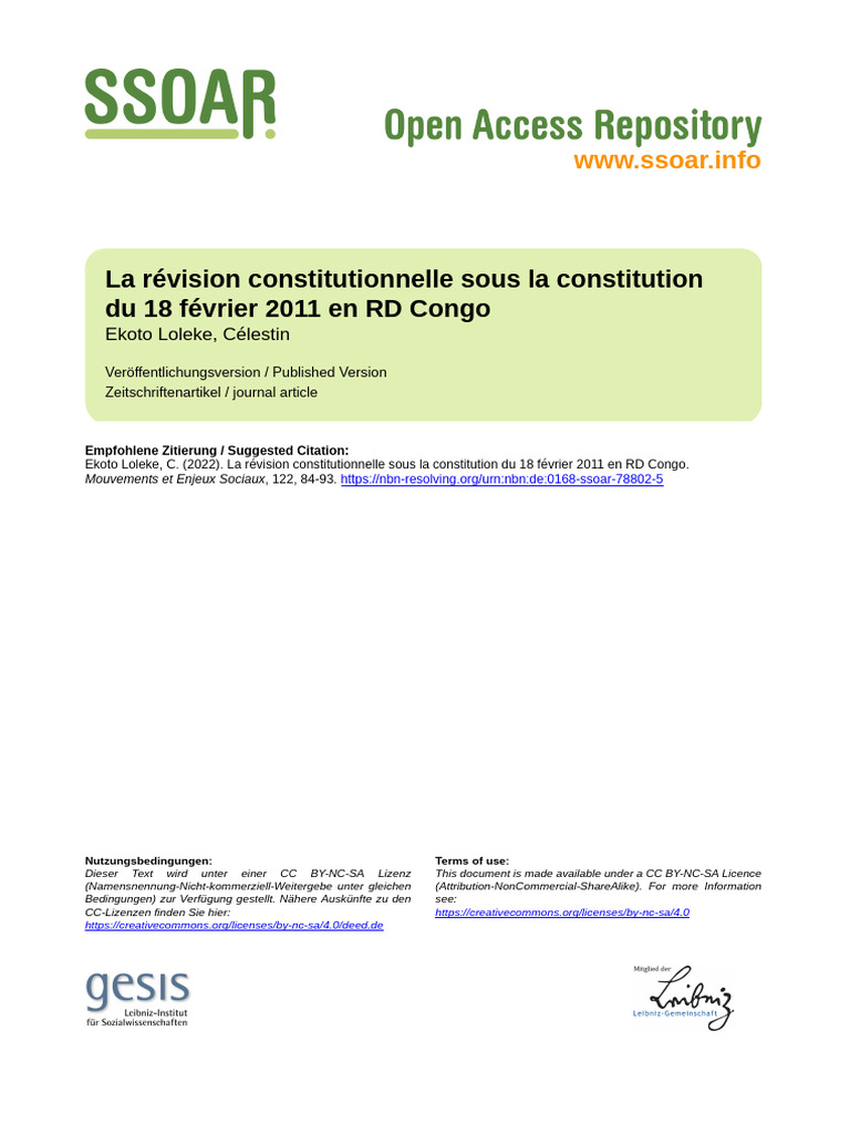 Révision de la Constitution de 2006 en RDC | PDF | Constitution ...