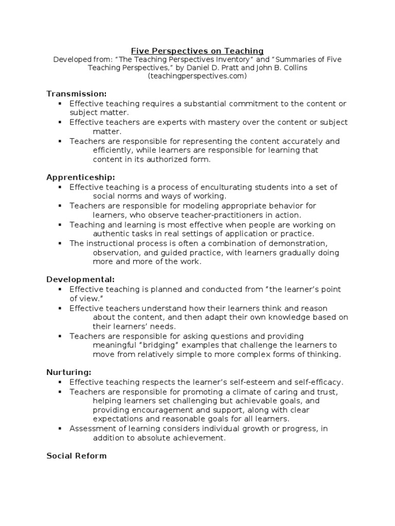 7 Five Perspectives On Teaching Pdf Learning Teachers