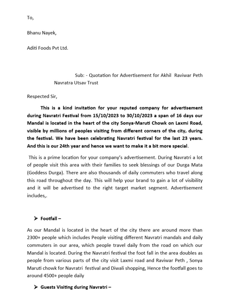 Advertisement Quotation for Navratri 2023 | PDF