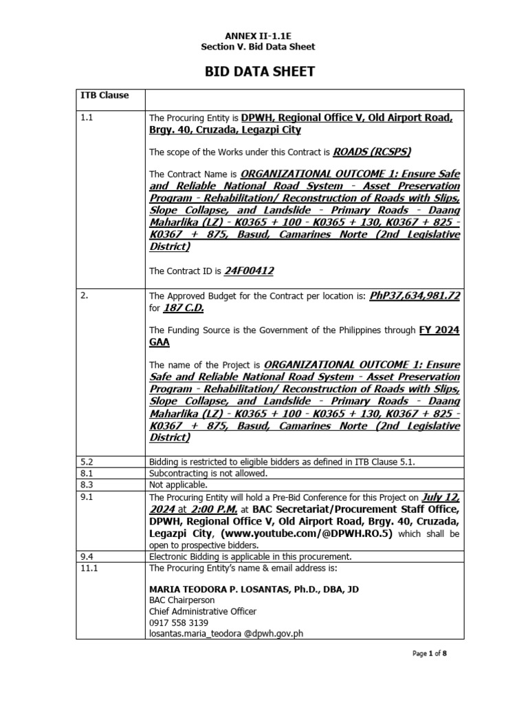 Bid Data Sheet for Road Rehabilitation | PDF | Zip (File Format ...
