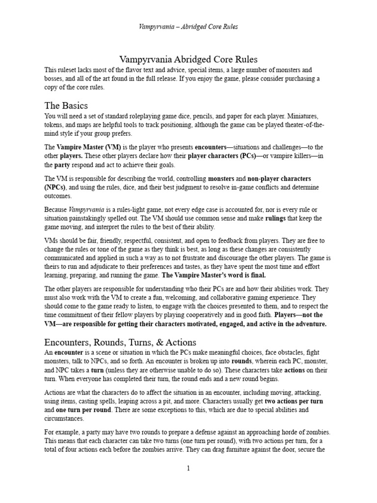 Vampyrvania Abridged Core Rules Guide | PDF | Games & Activities | Law