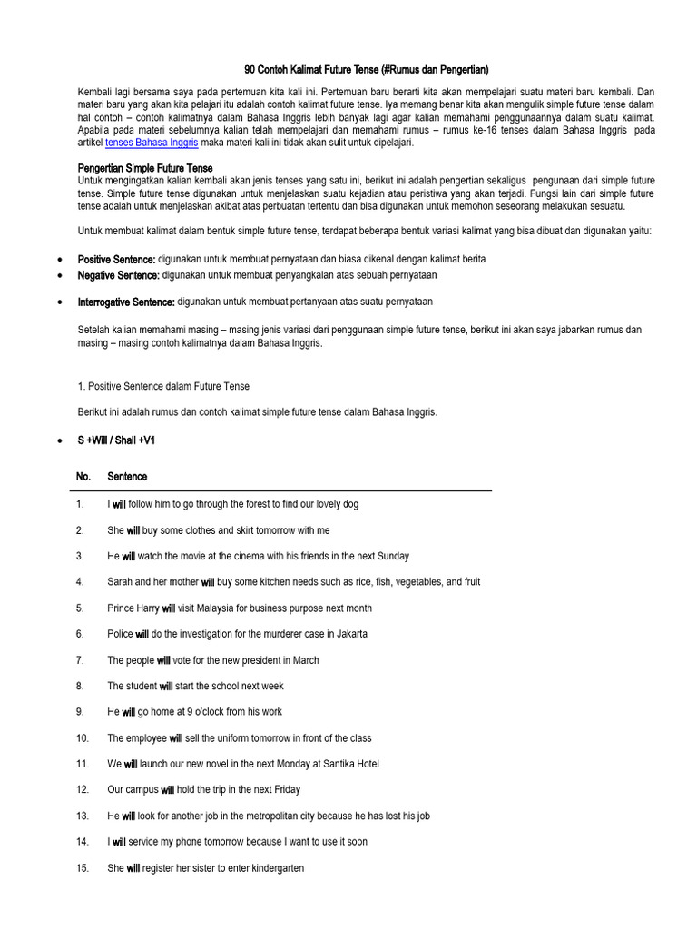 90 Contoh Kalimat Simple Future Tense | PDF | Indonesian Language