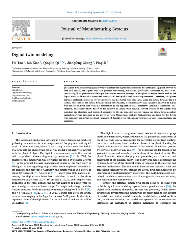 Digital Twin Modeling: A Comprehensive Review | PDF | System | Databases