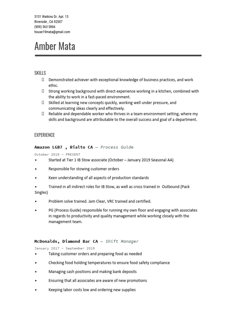 Amber Mata's Professional Experience Summary | PDF | Kitchen | Business