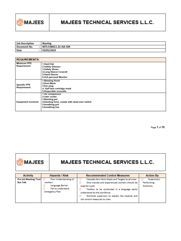 Blasting Job Safety Analysis Guide | PDF | Personal Protective ...