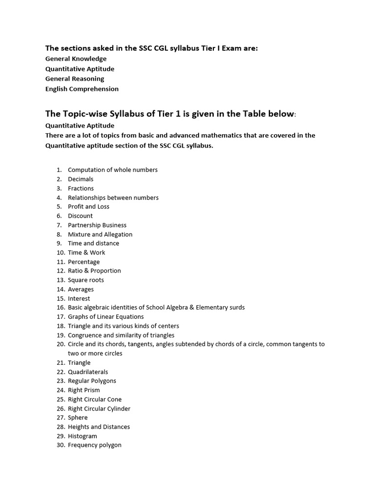 SSC CGL Tier 1 Syllabus Overview | PDF | Cost Of Living | Sampling ...