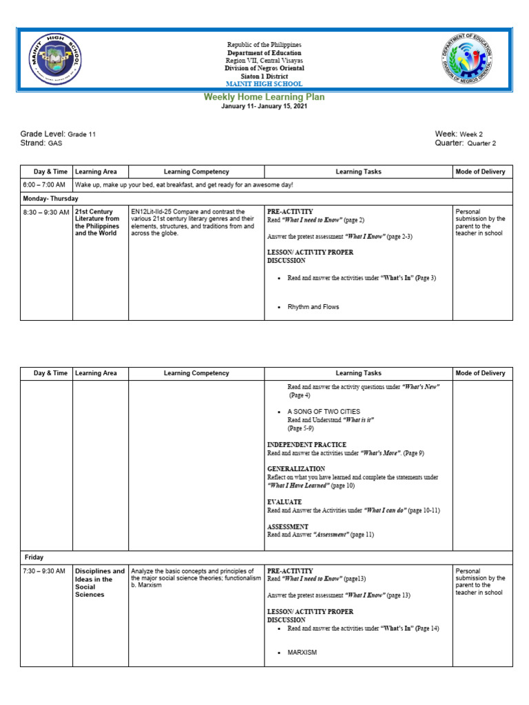 Weekly Learning Plan for Grade 11 | PDF | Cognition | Learning