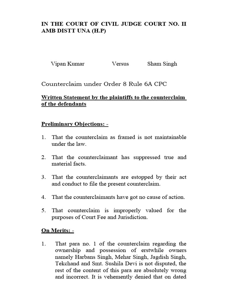 Written Statement to Counterclaim | PDF | Lawsuit | Plaintiff