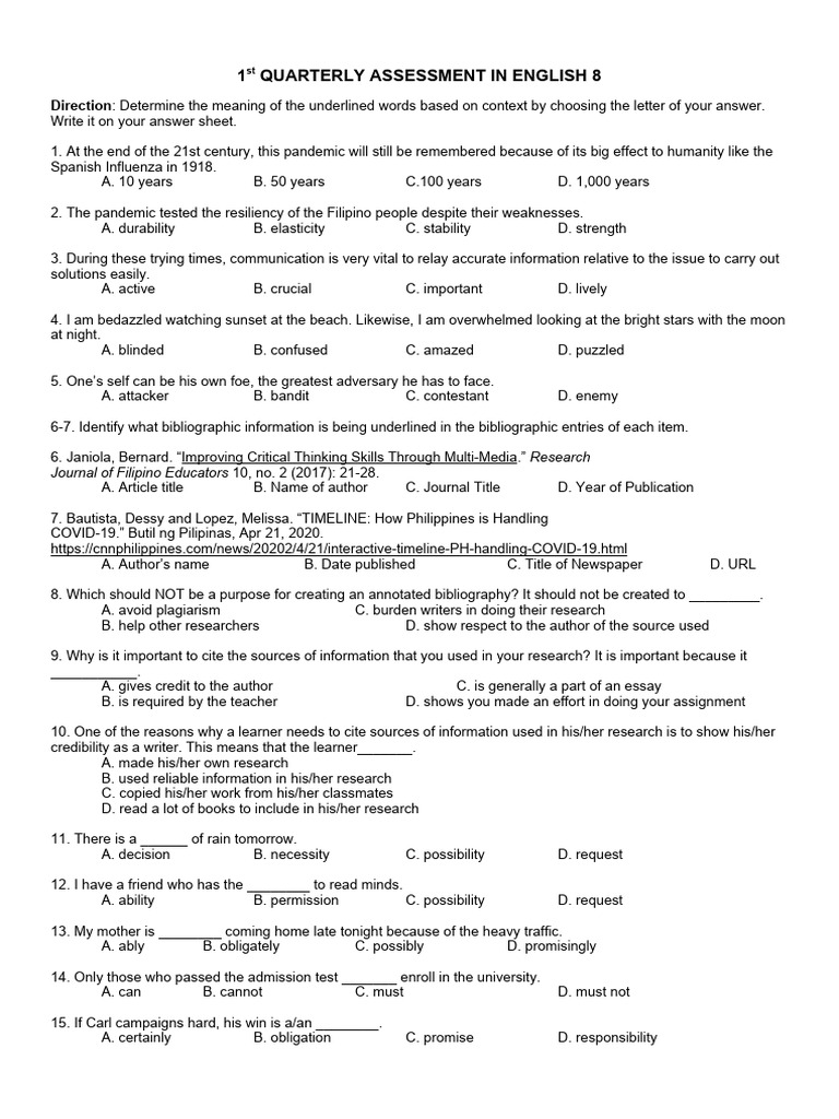 English 8 Quarterly Assessment Guide | PDF | Adjective | Verb