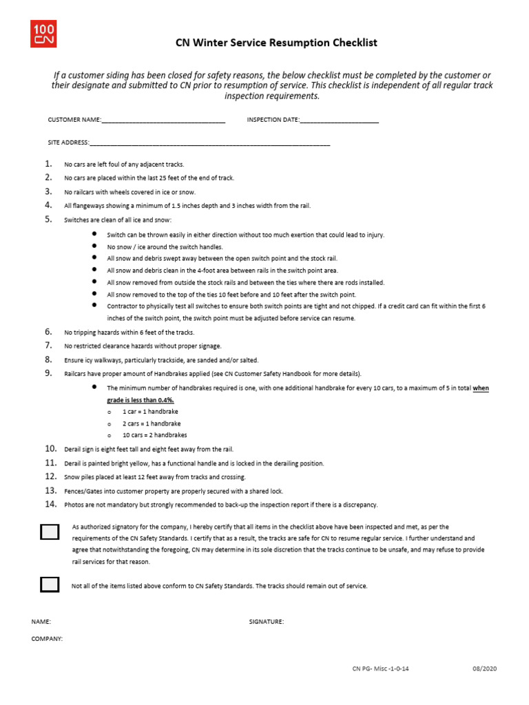 CN Winter Service Resumption Checklist | PDF