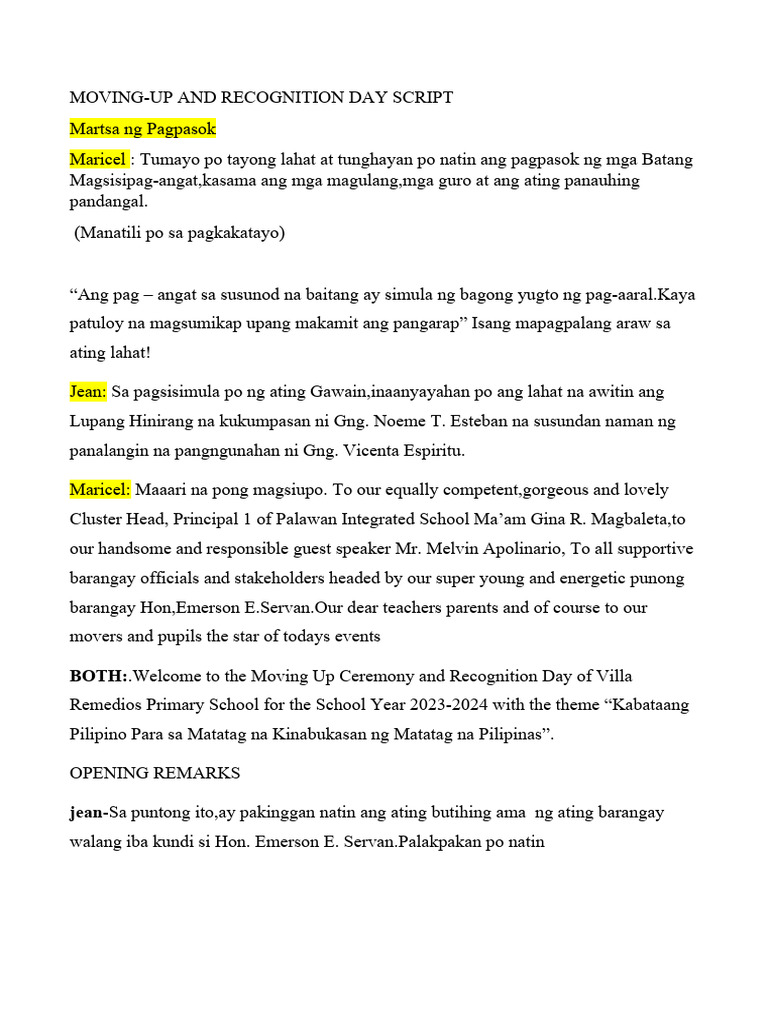 Moving Up and Recognition Day Script Edited | PDF
