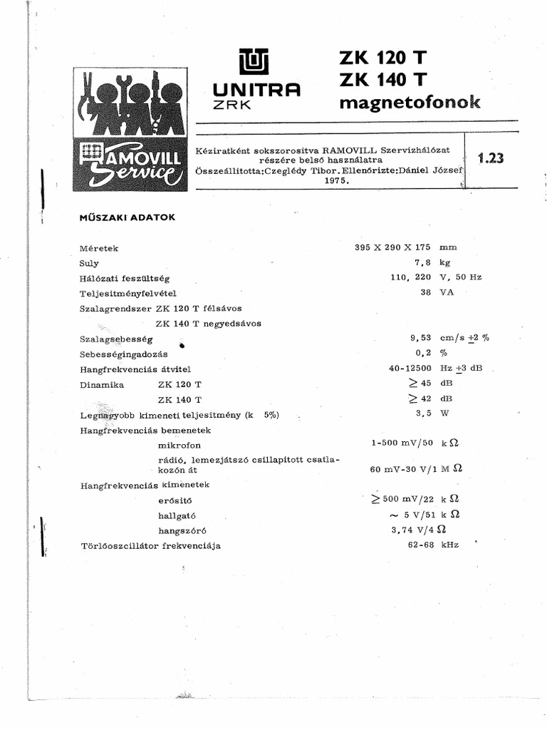 Unitra zk120t 140t Szervizkonyv | PDF