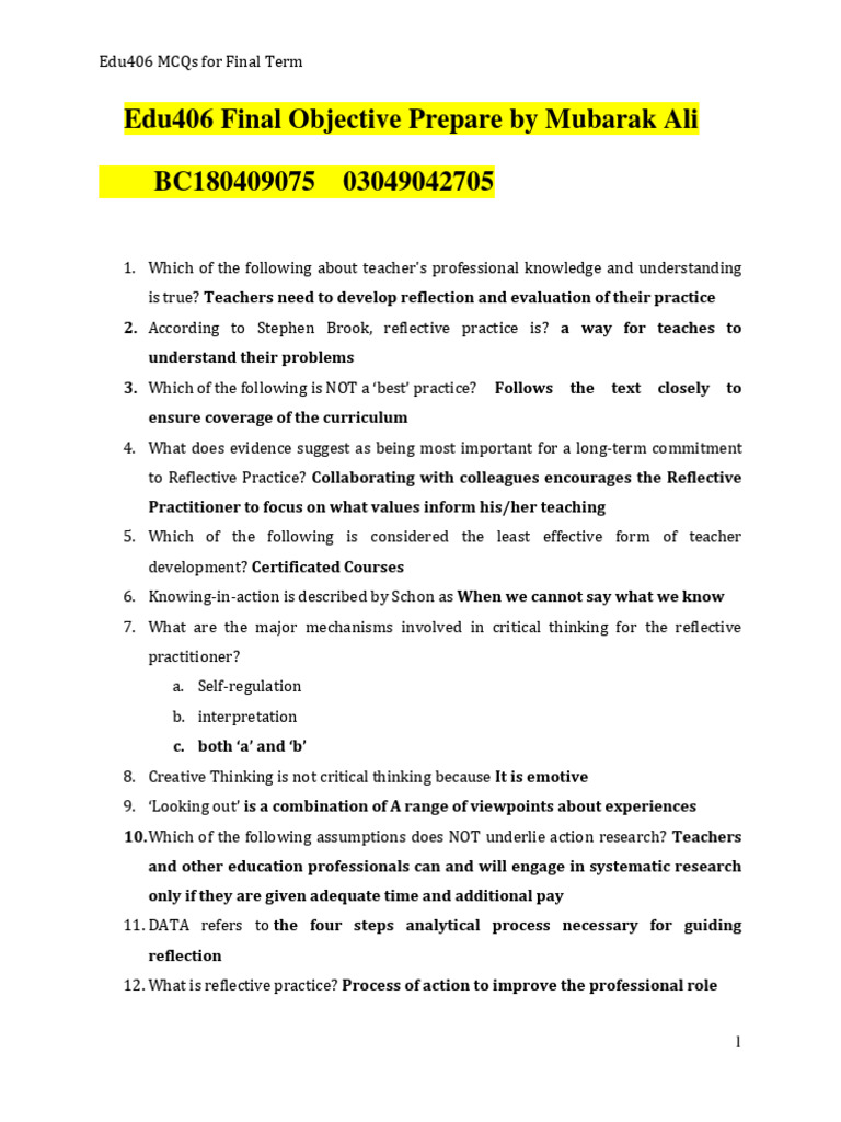 Edu406 Final Term MCQs Review | PDF | Reflective Practice | Critical ...