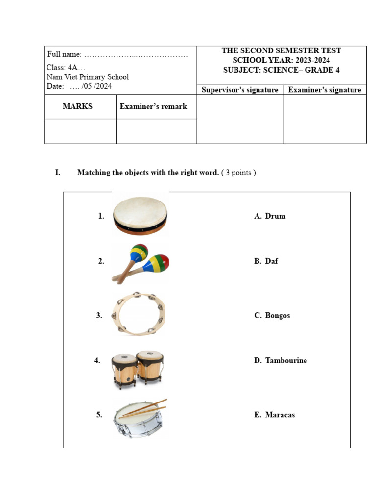 Grade 4 Science Semester Test 2024 | PDF