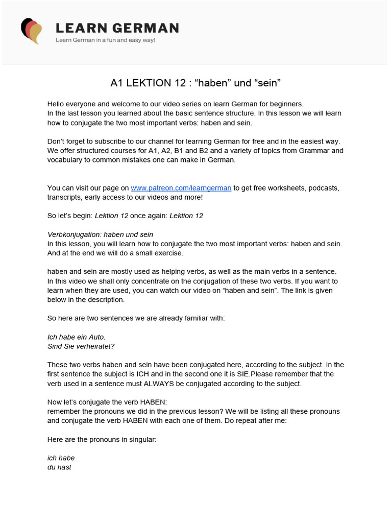A1 - Lektion 12 - haben and sein | PDF | Grammatical Conjugation ...