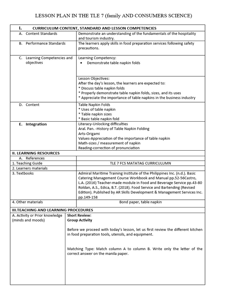 Family and Consumers Science Demo PDF Learning Curriculum