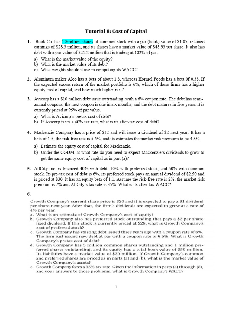 Tutorial Cost Of Capital Pdf