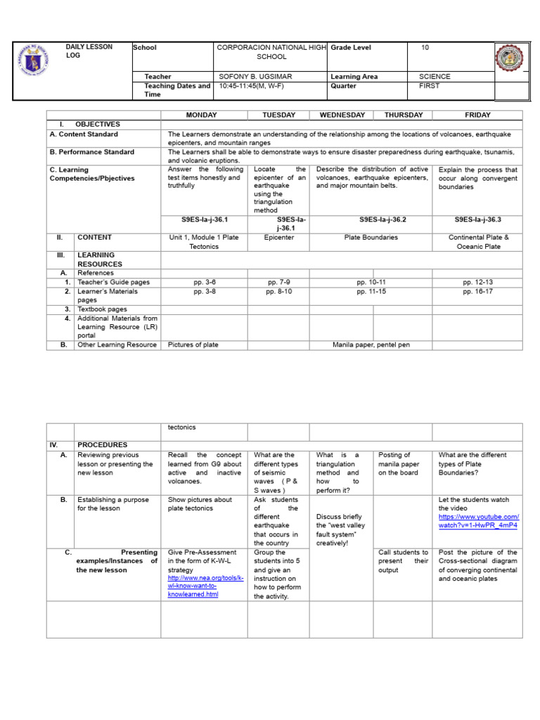 Grade 10 Science Daily Lesson Log | PDF | Plate Tectonics | Earthquakes