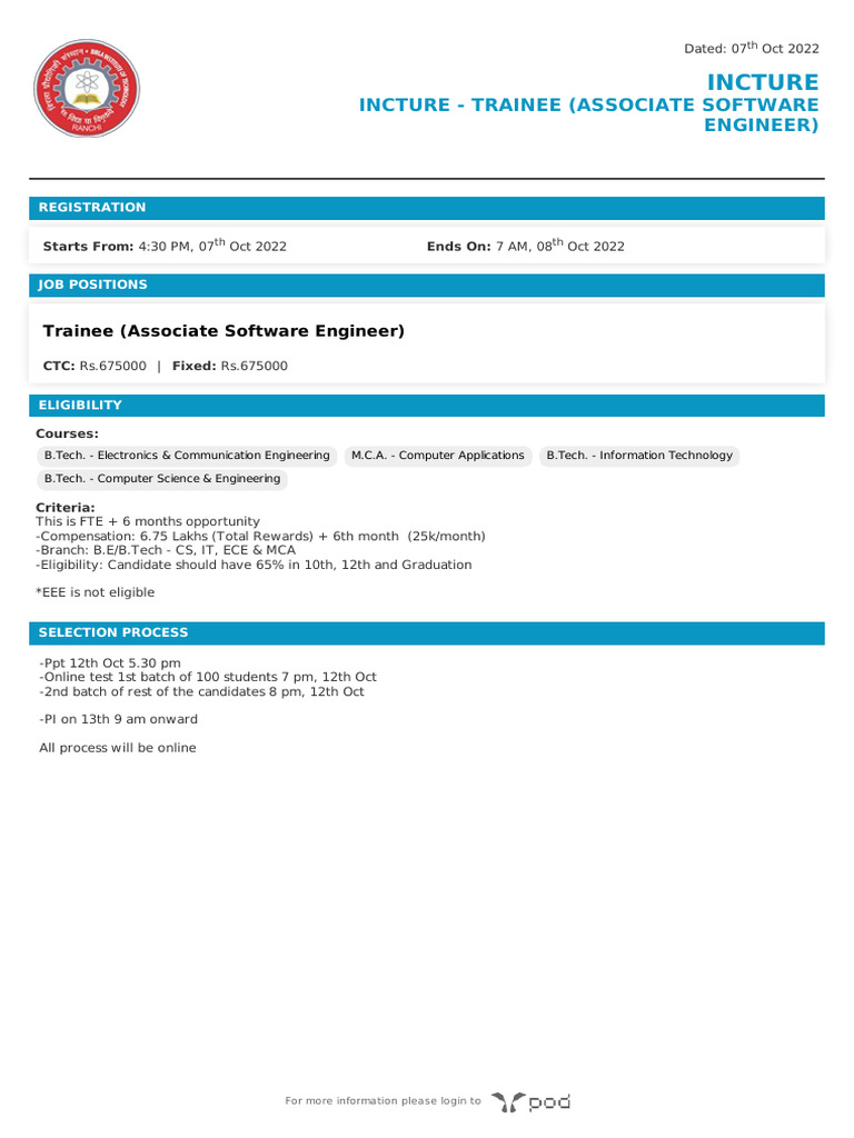 INCTURE Trainee Software Engineer Job | PDF